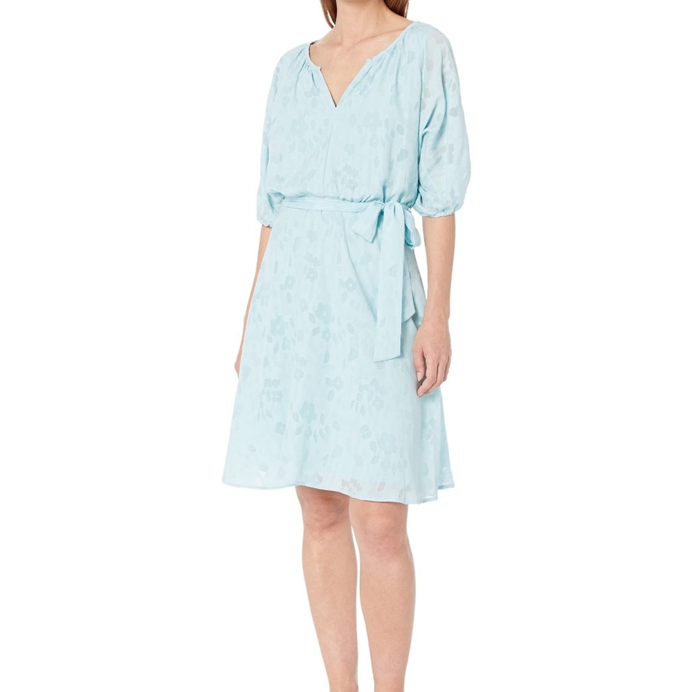 DKNY Puff Sleeve V-Neck Belted Dress, Sky Blue